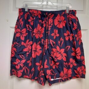 Croft & Barrow Blue and Red Hibiscus Tropical Print Swimming Cargo Pocket Trunks
